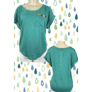 Thena L Green Cotton Scoop Neck Metal Detail Chest Pocket Cuff Short Sleeve Top